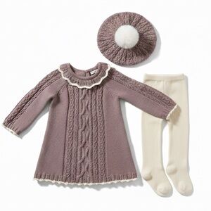 Cupcakes & Cashmere Purple Knit Dress Set with Hat and Stockings
